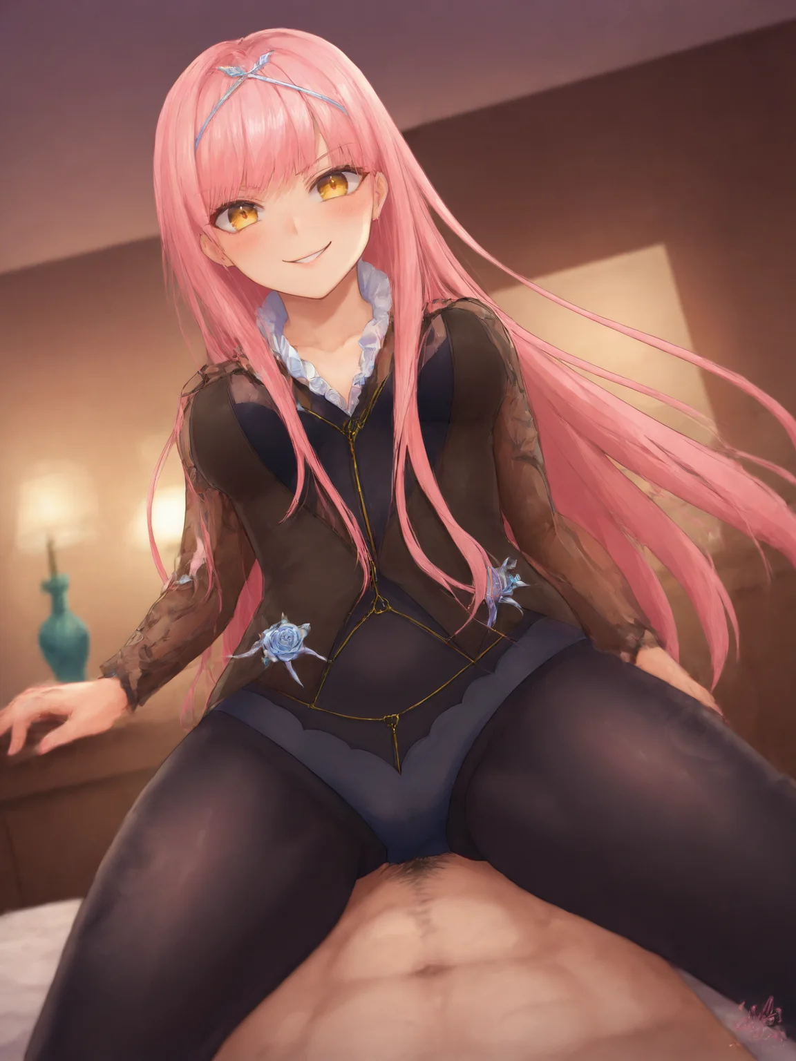 score_9, score_8_up, score_7_up, BREAK,
1girl, solo focus, BREAK,
cnocnariabhfate, yellow eyes, black dress, pink hair, black pantyhose, <lora:Cnoc_na_Riabh:0.8>, BREAK,
smug, smile, blush, looking at viewer, BREAK,
cowgirl position, straddling, girl on top, facing viewer, straight-on, BREAK,
1boy, clothed female nude male, pov crotch, BREAK,
indoors, bedroom