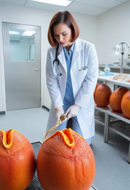 blood orange style, xenoegg, view of a group of unhatched xenoeggs, xenoeggs made of orange peel, horror theme, green light, space station interior, foggy ground, beautifully lit,
Female Doctor in lab coat inspecting eggs