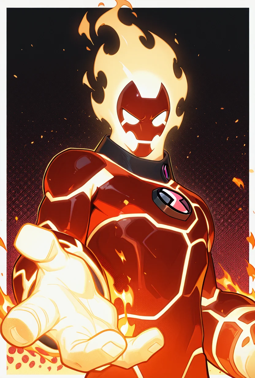 <lora:heatblast-09:1> heatblast, fire, 1boy, dynamic pose, action pose, masterpiece, best quality, amazing quality, very aesthetic, absurdres, newest,, upper body, halftone effect, white borders, abstract background:1.2,