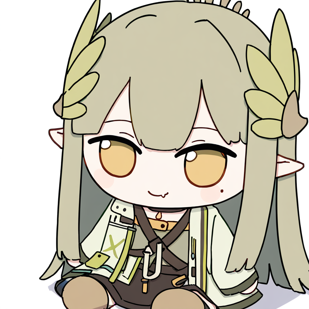 chibi,fumo,1girl,solo,smile,simple background,white background,sitting,fang out,
muelsyse \(arknights\),arknights,long hair,pointy ears,mole,mole under eye,very long hair,yellow eyes,brown hair,laurel crown,
<lora:fumo_noob1:1>,