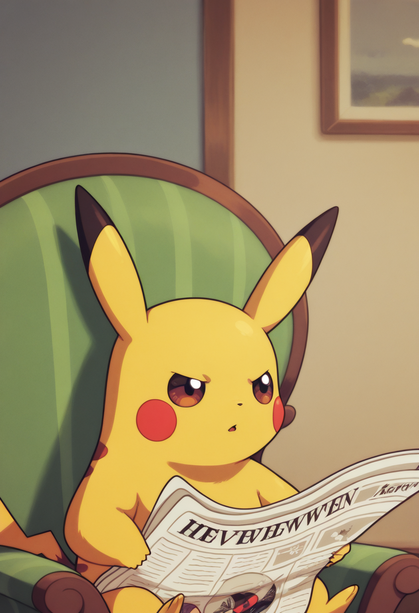 masterpiece, best quality, Graphic Design, color art, vibrant colors, colorful, intricate details, high contrast, detailed background, beautiful detailed, beautiful face, detailed eyes, detailed face, new, newest, trtn, frown, parted lips, looking away, holding, newspaper, sitting, chair, 1boy, no humans, solo, pokemon, pikachu, upper body, room, 