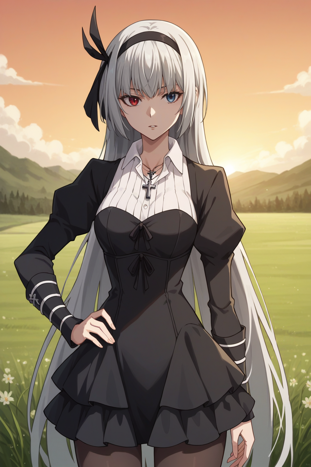 score_9, score_8_up, score_7_up, source_anime, 1girl, prefect lighting, very aesthetic, intricate details, highly detailed background, masterpiece, high quality, prefect hands, best quality, solo,
<lora:Luminous_Valentine_Tensura_V2:.85>, KJOluminous, white hair, heterochromia, red eyes, blue eyes, long hair, head band,
goth frilled dress, short dress, cross necklace, white collared shirt, black pantyhose,
standing, looking at viewer, expressionless, parted lips, hand on own hip,
sunset, outdoors, field, 
(Beautiful, medium Breasts:1.2), natural breasts,