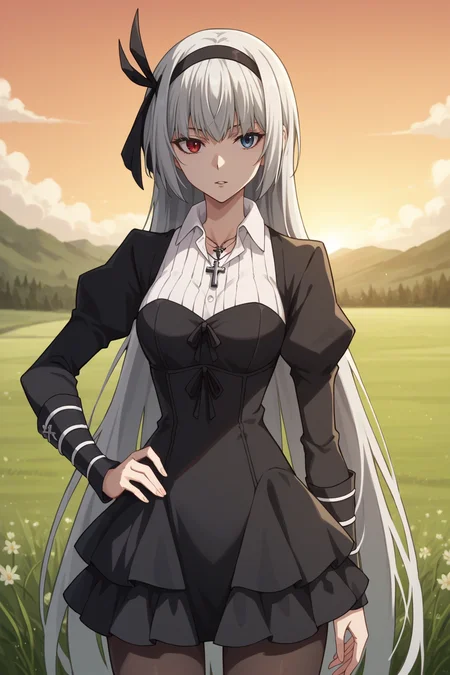 score_9, score_8_up, score_7_up, source_anime, 1girl, prefect lighting, very aesthetic, intricate details, highly detailed background, masterpiece, high quality, prefect hands, best quality, solo,
<lora:Luminous_Valentine_Tensura_V2:.85>, KJOluminous, white hair, heterochromia, red eyes, blue eyes, long hair, head band,
goth frilled dress, short dress, cross necklace, white collared shirt, black pantyhose,
standing, looking at viewer, expressionless, parted lips, hand on own hip,
sunset, outdoors, field, 
(Beautiful, medium Breasts:1.2), natural breasts,
