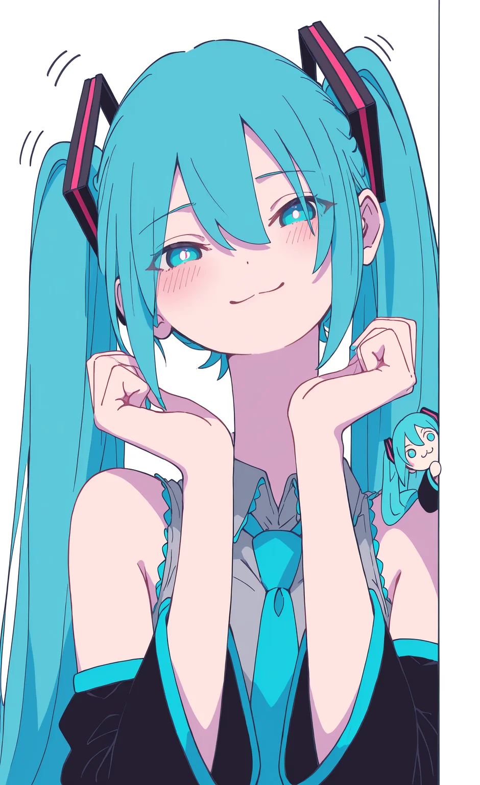 masterpiece, best quality, good quality, very awa, very aesthetic, absurdres, newest, hatsune miku, 1girl, solo, long hair, looking at viewer, blush, smile, blue eyes, simple background, shirt, hair ornament, white background, hair between eyes, closed mouth, bare shoulders, twintails, blue hair, upper body, necktie, detached sleeves, sleeveless, collared shirt, aqua eyes, hands up, sleeveless shirt, aqua hair, :3, motion lines, grey shirt, blue necktie, dot nose, aqua necktie, peeking out,Tilting head, 240_mado,
Flatline, Flat vector illustration <lora:NOOB_vp1_detailer_by_volnovik_v1:0.3> <lora:NOOB_vp1_detailer_by_volnovik_v1:0.3> <lora:ponyv6_noobV1_2_adamW-000017:0.7> <lora:XXX667:0.4> <lora:checkpoint-e18_s306:1.2> <lora:240_mado_ill:1>