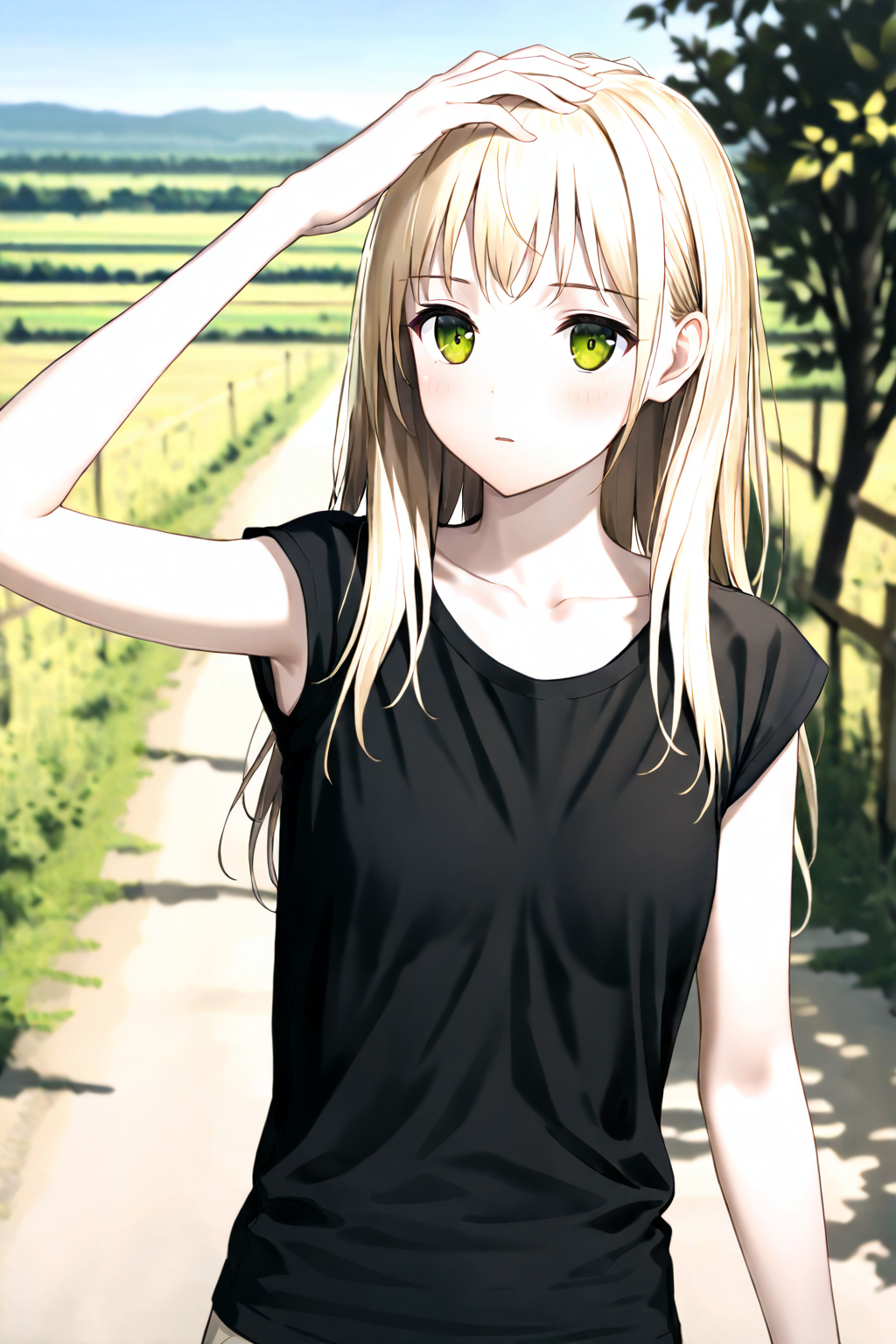 1girl, upper body, long hair, blonde hair, green eyes, pale skin, black shirt, t-shirt, cap sleeves, collarbone, arm up, hand on own head, outdoors, countryside, golden hour lighting <lora:CapSleeves_A4_Opt_v4:1>