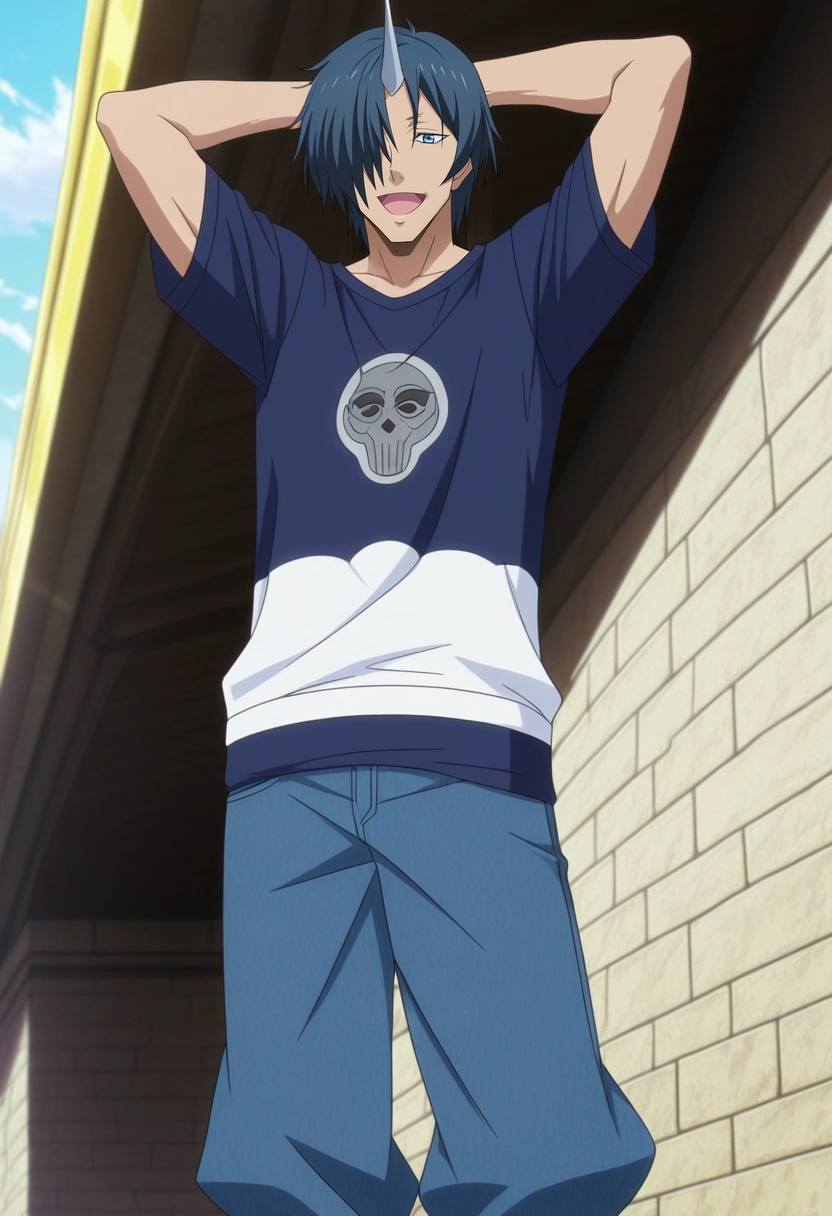 masterpiece, best quality, intricate details, anime screencap, anime coloring, official style,, 1boy, solo, male focus, <lora:souei_tensura_ilxl:1>, souei_tensura, blue hair, blue eyes, hair over one eye, single horn, , cowboy shot, mont saint michel, day, sunny, arms up, laughing, Floral SteelBlue Convertible pants, Denim Graphic T-shirt, Sneakers, Snapback cap,
