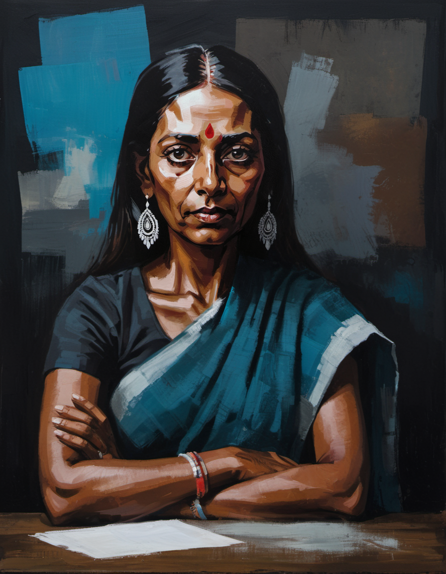 surreal painting, portrait of an Indian woman, sitting at a desk, age 40, dark theme, abstract painting background,  <lora:DiscoDeliriumXL-v1.2:0.9>