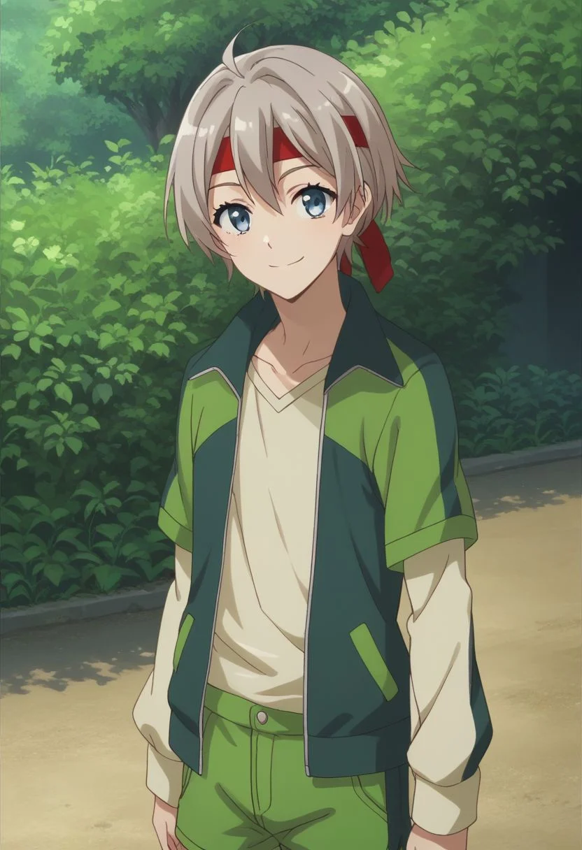 score_9, score_8_up, score_7_up, source_anime, highly detailed,
saika, 1boy, headband, solo, shorts, male focus, grey hair, pants, jacket, green shorts, red headband, shirt, layered sleeves, upper body, cute, smile,
outdoor,