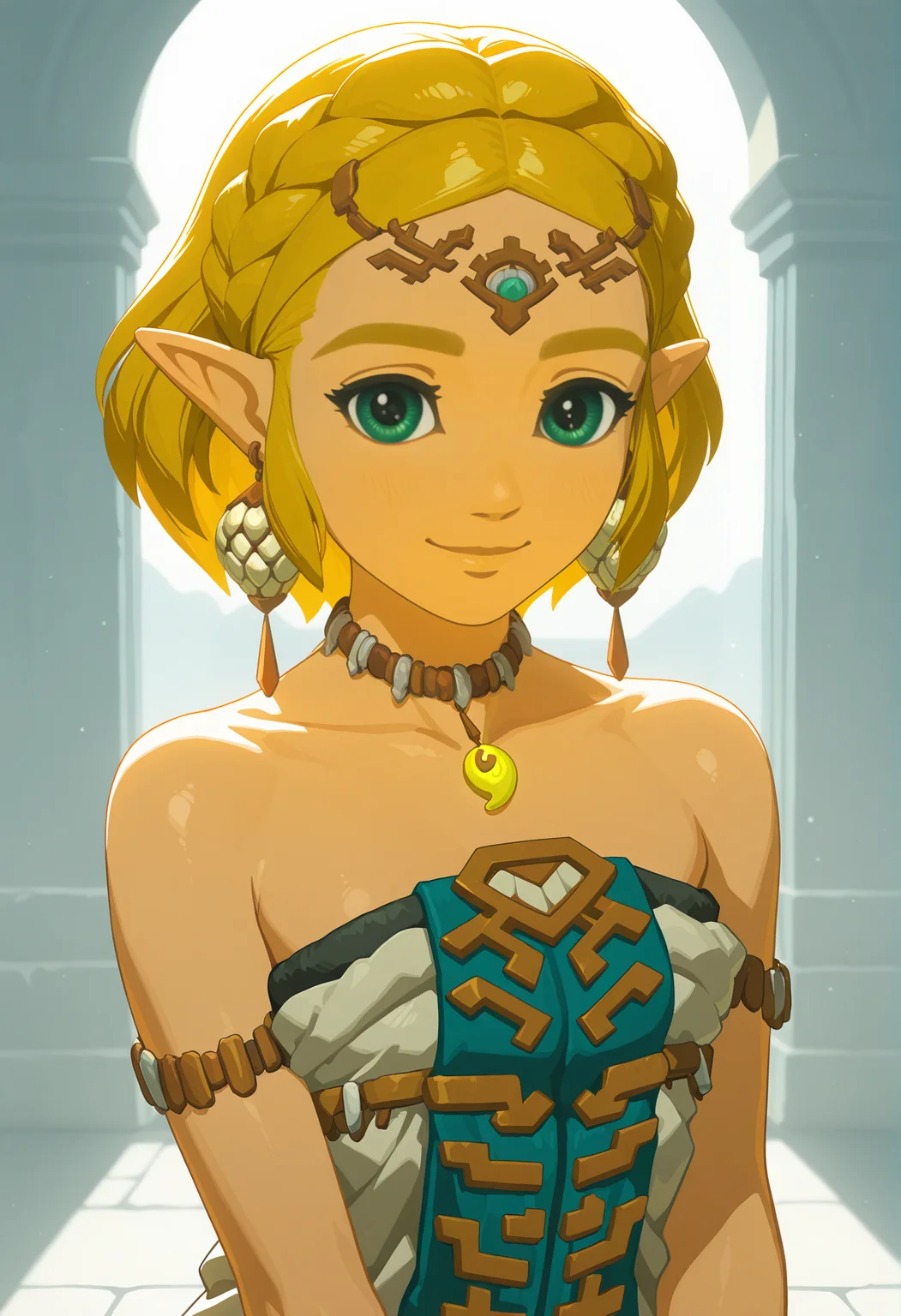 amazing quality,very aesthetic,absurdres,best quality,newest,masterpiece,4k resolution, absurdres, highres, detailed background,
<lora:Princess_Zelda_ILXL:0.8> 1girl, princess zelda, blonde hair, pointy ears, totk, short hair, forehead jewel ,magatama necklace, earrings, dress,bare shoulders, white dress, solo, looking at viewer, sunlight, smile,