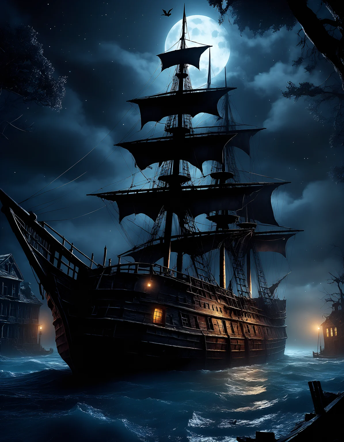 <lora:Dark Fantasy:1> (detailed background, ultra detailed, 8k UHD), Dark Fantasy Page, ghost ship sailing in the night in a Old Abandoned School