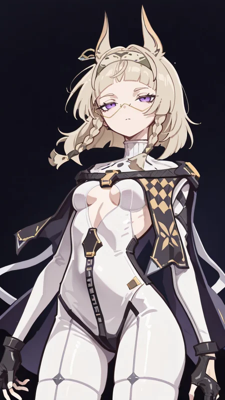 ,masterpiece,best quality,newest, <lora:Meredith_IL_Strinova:0.9> meredithil, anime, skinny, 1girl, solo, bangs, braid, purple eyes, animal ears, fingerless gloves, black gloves, bodysuit, breasts, dark background, <lora:294@:1.4> zkz, style