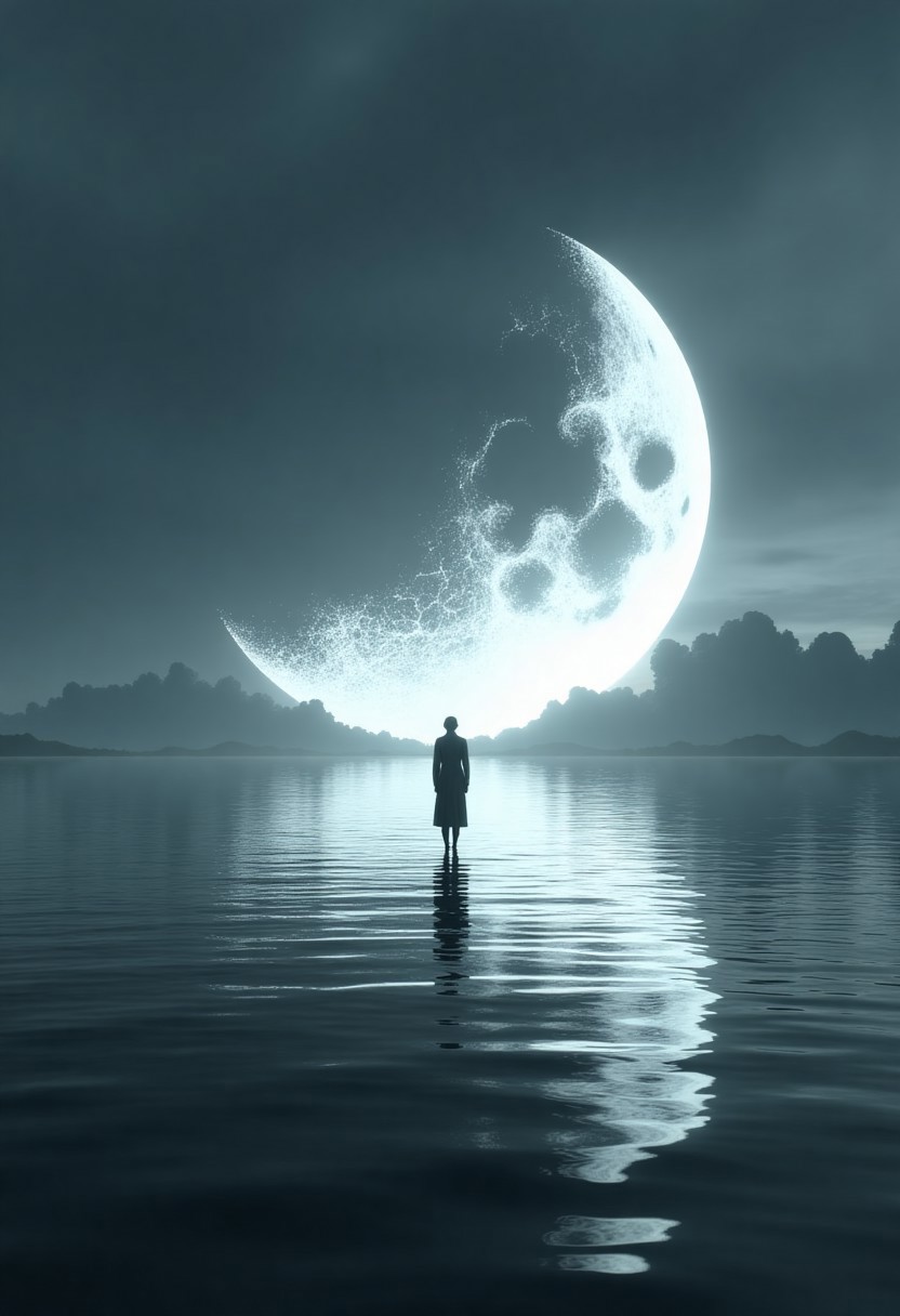 This CGI digital artwork captures a dreamlike, surreal moment at dusk, set within a vast dreamscape of calm, reflective water. A solitary, indistinct figure stands on a glassy surface, facing a massive crescent moon that appears partially submerged. The glowing moonlight casts an ethereal, silver glow across the scene, creating perfect mirrored reflections that blur the line between sky and ground. Hues of dark blue and grey wash across the horizon, evoking a mystical, almost magical stillness. The composition feels profoundly otherworldly, as if frozen in a moment beyond time or reality.