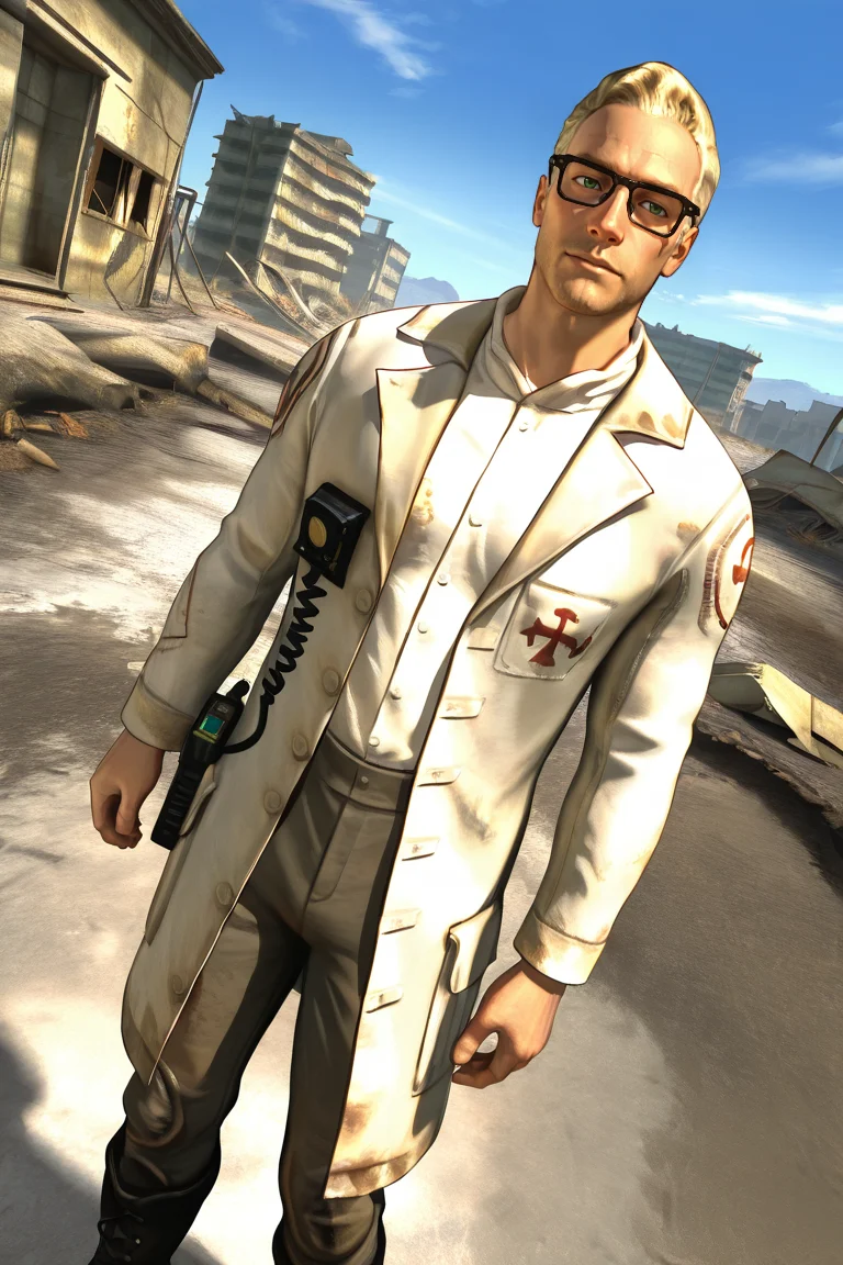 score_9, score_8_up, score_7_up, score_6_up, perfect anatomy, perfect proportions, best quality, masterpiece, high_resolution, high quality, best aesthetic, incredibly absurdres, highres, extremely detailed, huge filesize, solo male, adult, mature, masculine, manly, handsome, charming, alluring, full body, dutch angle, cowboy shot, perfect face,  source_game \(Fallout: New Vegas\), official style \(Fallout: New Vegas\),  Arcade Gannon\(Fallout: New Vegas\), FNVArcade, blonde hair, short hair, green eyes, glasses, grey collared shirt, white labcoat, dark grey pants, black boots, walkie talkie, Followers of the Apocalypse emblem\(Fallout: New Vegas\), dynamic angle, Fallout 4 location, post-apocalyptic ruins, desolated landscape, dark blue sky