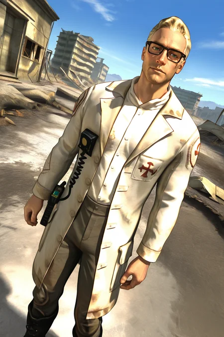 score_9, score_8_up, score_7_up, score_6_up, perfect anatomy, perfect proportions, best quality, masterpiece, high_resolution, high quality, best aesthetic, incredibly absurdres, highres, extremely detailed, huge filesize, solo male, adult, mature, masculine, manly, handsome, charming, alluring, full body, dutch angle, cowboy shot, perfect face,  source_game \(Fallout: New Vegas\), official style \(Fallout: New Vegas\),  Arcade Gannon\(Fallout: New Vegas\), FNVArcade, blonde hair, short hair, green eyes, glasses, grey collared shirt, white labcoat, dark grey pants, black boots, walkie talkie, Followers of the Apocalypse emblem\(Fallout: New Vegas\), dynamic angle, Fallout 4 location, post-apocalyptic ruins, desolated landscape, dark blue sky