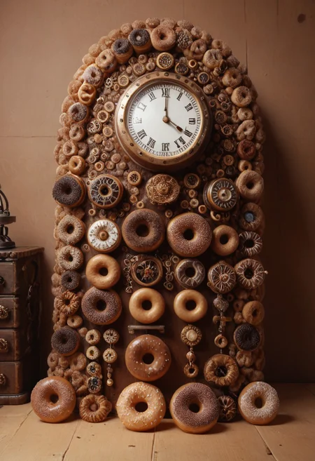 d0nu71f13d, score_9, score8_up, score_7_up, rating_safe,
a large grandfather clock, visible cogs made of donuts, steampunk.