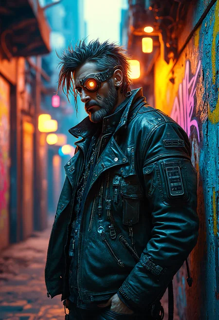 In the enchanting light of magic hour, a futuristic biopunk-inspired figure, a grizzled high-tech low-life, stands amidst the vibrant neon-lit alleyways of the city. Their tattered leather jacket, a testament to their survival skills, contrasts with the futuristic cybernetic eyepatch, glowing with rig lighting. The graffiti-covered wall, now illuminated by the fading light, adds a unique backdrop. The figure's disheveled appearance and cybernetic enhancements create a captivating blend of desperation and technology. This scene, with its warm hues and vibrant neon lights, captures the essence of a futuristic city's underbelly, where the fusion of organic and artificial elements leave viewers enthralled by the character's story and the mysteries of this biopunk-inspired world.   <lora:scifi/moxiePunk_v20.safetensors:1.0>,  <lora:art and styles/dark_fantasy_flux.safetensors:1.0>, <lora:The_Vanguard.safetensors:0.3>, SentinelBot,