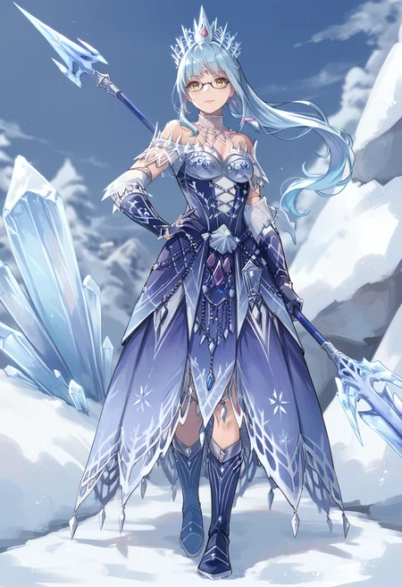 (score_9:0.9),score_8_up,score_7_up,rating_safe,anime style,(zPDXL),<lora:velkhana beta armor ponyXL v1.2:0.77>,velkhana armor,blue long dress,1girl,solo,long hair,yellow eyes,ponytail,glasses,hand on hip,blue thigh boots,ice,snow,full body,blue hair,looking at viewer,holding,medium breasts,spear,holding spear,blue gloves,silver crown,