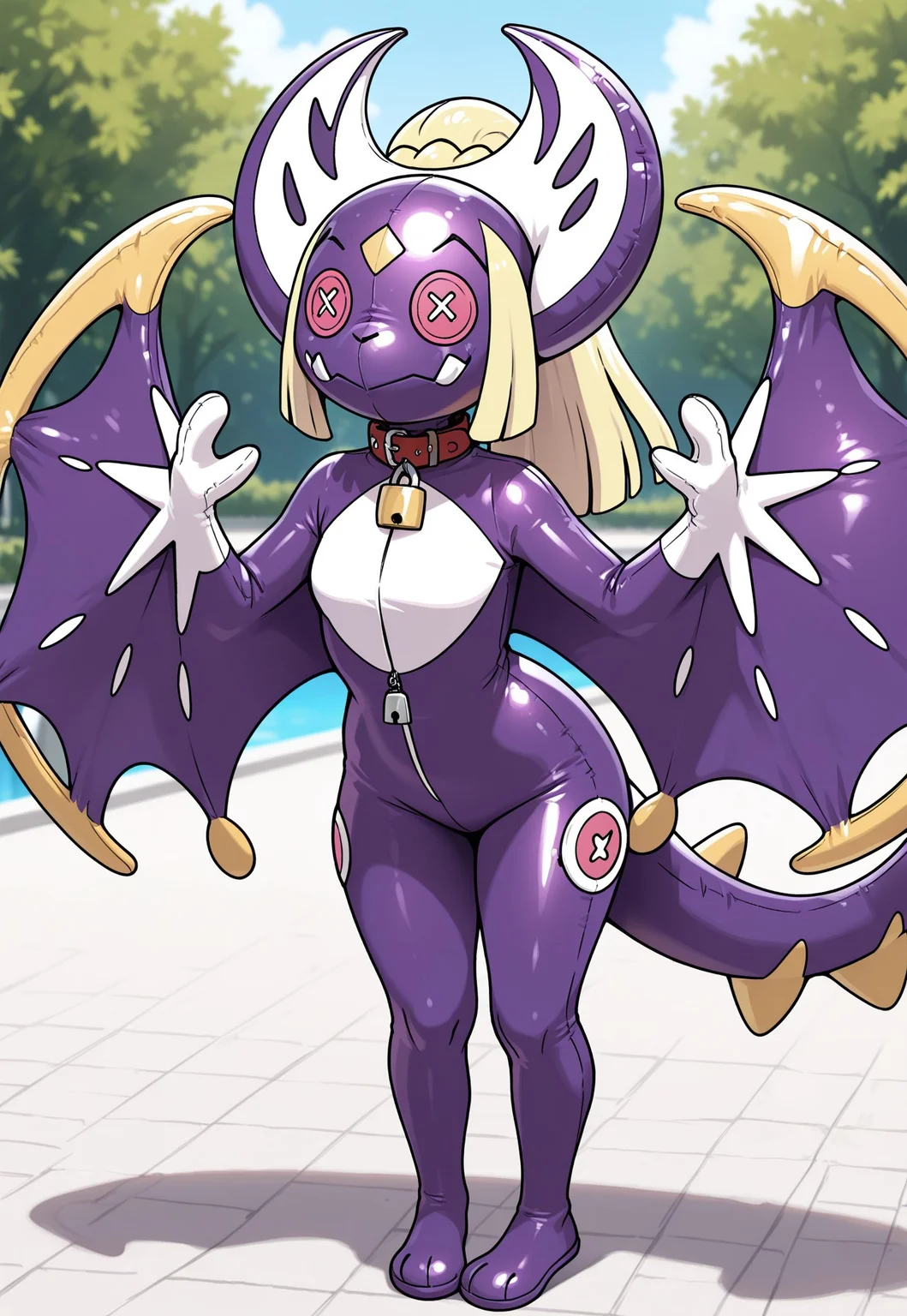  masterpiece, high quality, score_9, score_8_up, score_7_up, solo,1girl, shiny, lillie (pokemon), long hair, ponytail, braid, blunt bangs, yellow purple multicolored latex skin, living inflatable, bylivinginflatable, animate inanimate, living plushie, collar, zipper, public background, outdoors, [purple bag over head::0.1], , Lunala, mask,(button eyes):1.55), cosplay, covered face, padlock, animal collar, covered neck, winged arms, stitch mouth, full body