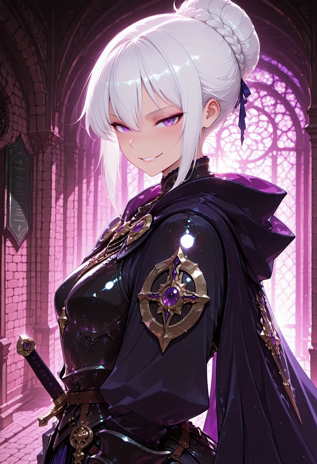 score_9, score_8_up, score_7_up,(Anime Style),(source_anime),
(1 girl, Wide hips, naughty smile, Skindentation, blush),
(absurdres, best quality, masterpiece:1.4), extremely high resolution, very detailed clothings, very intricate and realistic details
1girl, portrait, close up, high quality, realistic, dreamlikeart, lens flare, upper body, looking at viewer, intricate, perferct shading, beautiful, award-winning illustration, exterior background, ultra quality, dynamic pose, 1 girl, teen, evil grin, adventurer oufits, delicate armor, evil cape, scabbard, dynamic; enthusisam, tights, request board, oustide, medieval fantasy city, sinister look, vilain alluring, white hairs, purple eyes, (from side:0.4)
<lora:TrendCraft_The_Peoples_Style_Detailer-v2.3I-4_16_2025-Illustrious:1>, <lora:aboba_prime_3:0.7> <lora:yakumo_alchemy_style:0.7>