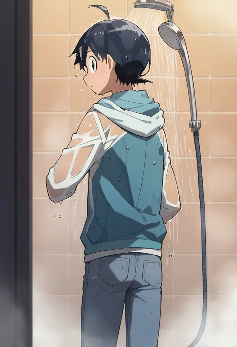 score_9, score_8_up, score_7_up, source_anime, 1boy, solo, fuyuki hinata, dark blue hair, short hair, dark blue eyes, ahoge , denim, pants hood, hoodie, long sleeves, jeans, wet, wet clothes, wet hair, shower , looking back