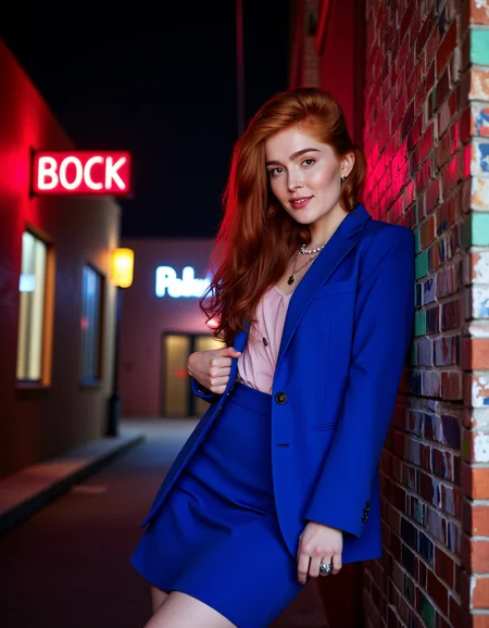 In a narrow, dimly lit alley, the redheaded beauty leans against a graffiti-covered wall, one high-heeled boot propped up behind her. She wears a beautiful electric blue 80s woman's suit, light pink blouse, with interesting alluring accessories. The flickering neon casts an electric glow on her sharp cheekbones as she smirks at the lens, utterly in control. Behind her, a lonely neon light alley, enhancing presence of a woman who owns the night. <lora:jialissa64:0.9>