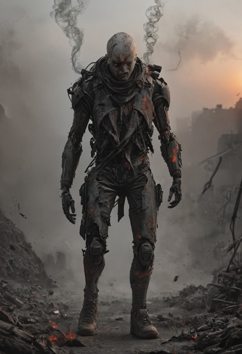a combat cyborg, battle damaged, looking at the sunset over a faraway distopian city, smoke rising high on the horizon, colorful, muted rusted eroded paint,