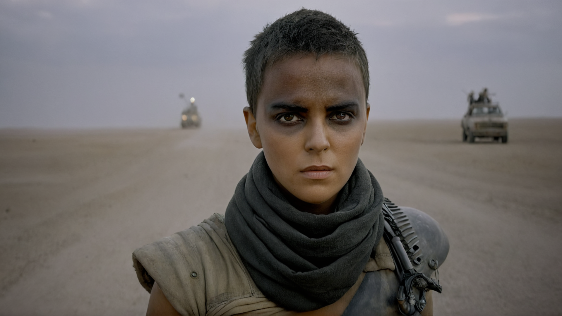cinematic film still of  <lora:detailed_notrigger:0.1>
<lora:facial expression style v2:0.1>
<lora:perfection style:0.1> perfection style
<lora:TeethXL:0.1>
<lora:detailed:0.1> detailed
 <lora:skin texture style:0.2>
 <lora:anamorphic bokeh style:0.9> anamorphic bokeh style
 <lora:Hollywood Anamorphic format film style:0.3>
 <lora:cinematic color motion picture film style:0.1>
 <lora:Mad Max Fury Road style:0.8>
In a dystopian world - The collapse of society Imperator Furiosa a woman with a black face paint and a scarf,solo,short hair,black hair,1boy,brown eyes,closed mouth,male focus,outdoors,sky,day,blurry,lips,blurry background,portrait,realistic,very short hair,buzz cut , action movie themed, sharp, detailed, epic cinematic photography, artistic, dramatic light, cinematic color style, Kodak film style, Mad Max Fury Road style, shallow depth of field, vignette, highly detailed, high budget, bokeh, cinemascope, moody, epic, gorgeous, film grain, grainy