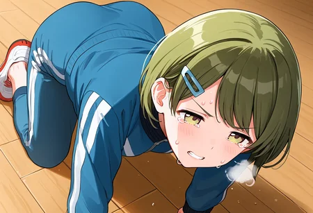 n_nanakusa, score_9, best quality,
1girl, blue jacket, hair clip, swept bangs, blue pants, clenched teeth, dot nose, green eyes, green hair, half-closed eyes, jacket, long sleeves, looking ahead, all fours, shirt, short hair, solo, sweat, exhausted, heavy breathing, tearing up, tears, teeth, track jacket, v-shaped eyebrows, white shirt, wooden floor, shoes
<lora:n_nanakusaXL_pony:1>