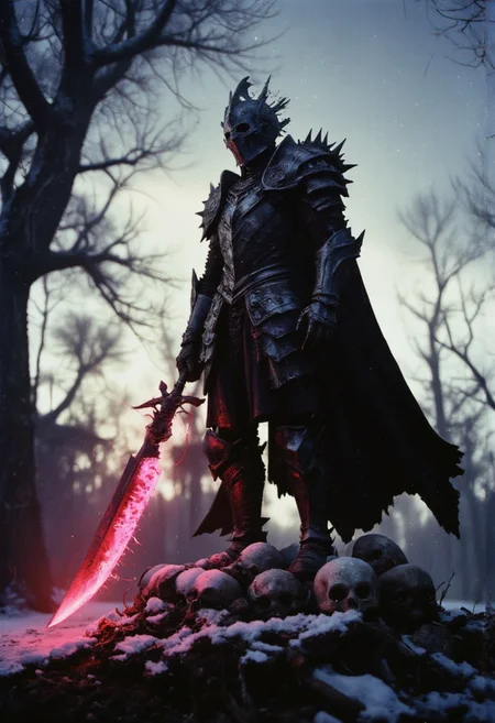 This is a hyper-realistic n30nfilm cinematic photograph, shot on Kodak VISION3 250D analog film stock, featuring a fearsome but sad Dark Knight bathed in colorful bleaked Neon hues standing in a powerful pose atop a towering mound of skulls. No enemies are left, The knight is clad in dark, gothic armor adorned with spikes and intricate, ornate details. His menacing figure is accentuated by a massive, jagged sword that he grips with both hands, its blade wickedly sharp and gleaming in the dim, eerie light. The knight's helmet is made of bone, molded into a grotesque skull shape, adding to his terrifying presence.
Around him, a dark fantasy world unfolds, with shadows creeping in from all sides, shrouding the scene in an ominous, foreboding atmosphere. The spiked armor is hyper-detailed, with every plate and rivet meticulously crafted, giving off a sense of raw power and danger. The scene is set against a gothic backdrop, with twisted, barren trees and darkened skies. The cinematic composition captures the knight’s imposing stance with soft shadows playing over his armor, emphasizing his dominance over the skull tower. The snow-covered ground beneath the skulls reflects the cold, merciless world he inhabits, while the depth of field and soft atmospheric haze enhance the haunting, majestic quality of the image. This dark, fearsome warrior embodies the very essence of gothic horror and dark fantasy, a masterpiece of intimidating design and rich detail.
