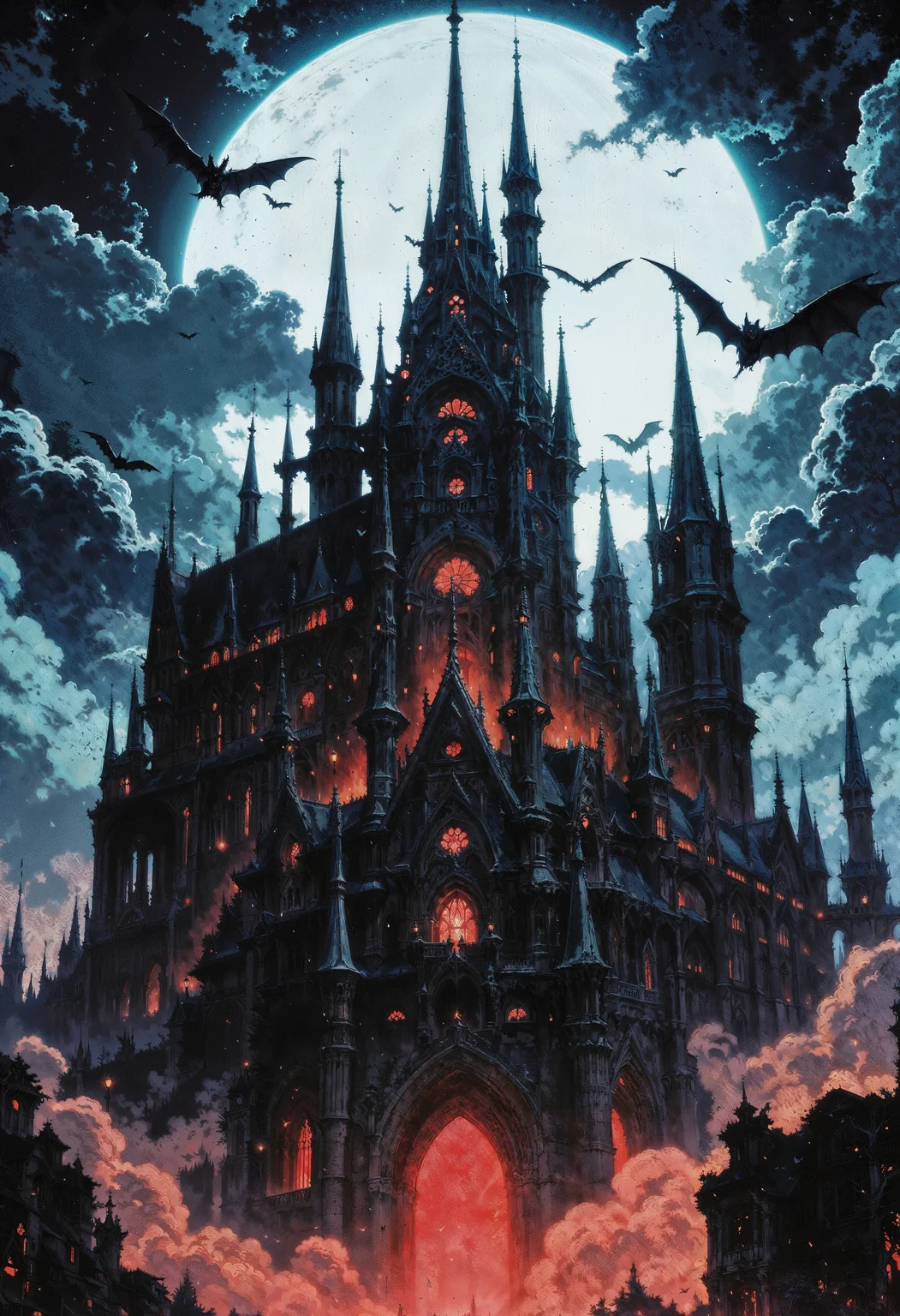 a dark, gothic castle set against a stormy night sky. The castle is massive, with numerous spires and towers, all illuminated by an eerie red glow emanating from within. The architecture is intricate, featuring sharp, pointed arches and detailed stonework. Surrounding the castle are swirling mist and clouds, adding to the ominous atmosphere. Bats are seen flying across the sky, silhouetted against the bright full moon that casts a pale blue light over the scene. The overall color palette is dominated by dark blues, grays, and blacks, with striking red highlights. The composition is balanced, with the castle centrally positioned, creating a sense of foreboding and mystery.