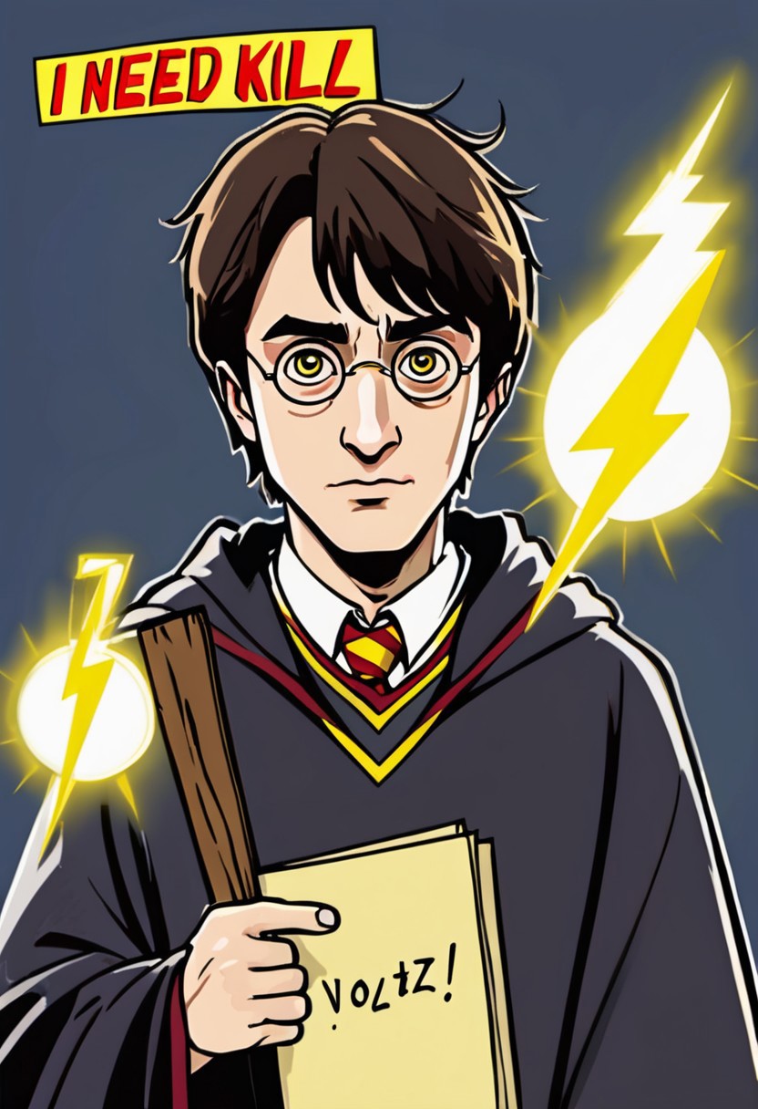 Harry Potter with a yellow cartoon lightning bolt on his forehead instead of his regular scar. 
He is holding a sign that says, "I need buzz to kill Voldemort"