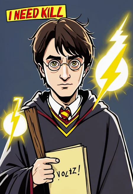 Harry Potter with a yellow cartoon lightning bolt on his forehead instead of his regular scar. 
He is holding a sign that says, "I need buzz to kill Voldemort"