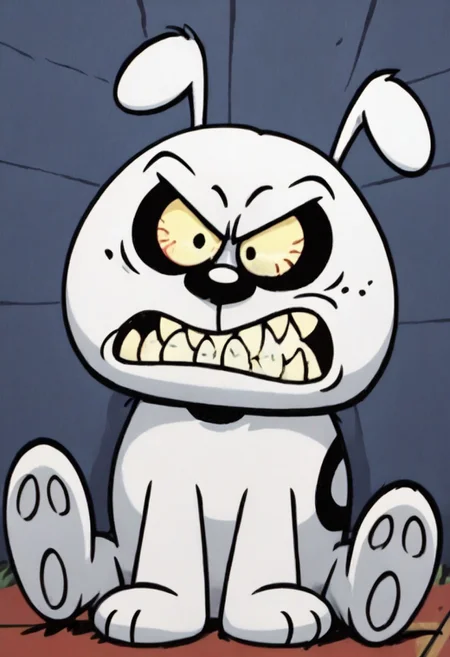(score_9 | score_8_up | score_7_up) ((masterpiece:1))(best quality,very high quality,ultra detailed:1.2) (2D,cartoon style,anime style)(Smooth:2)(clean blurring) (four fingers on each hand,one thumb on each hand:1), solo, charles, dog, black spot on left eye, white, paw, dog paws, runaway brain, monstrous look, angry face, exagerated features, intense eyes, aggressie expression, hunched, menacing, sharp teeth, hunched over, full body