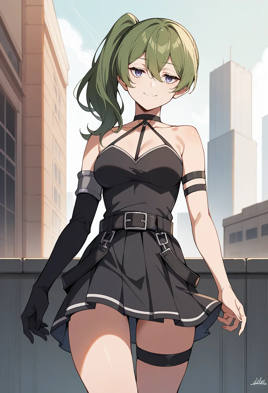 score_9,score_8_up,score_7_up,score_6_up,score_5_up,score_4_up, source_anime,
1girl, ubel \(sousou no frieren\), hair between eyes, side ponytail, medium breasts, black dress, halterneck, thigh strap, belt, elbow gloves, single glove, armband, light smile, closed mouth,
cowboy shot, outdoors, city, solo, looking at viewer,
<lora:ubelponyxl:1>