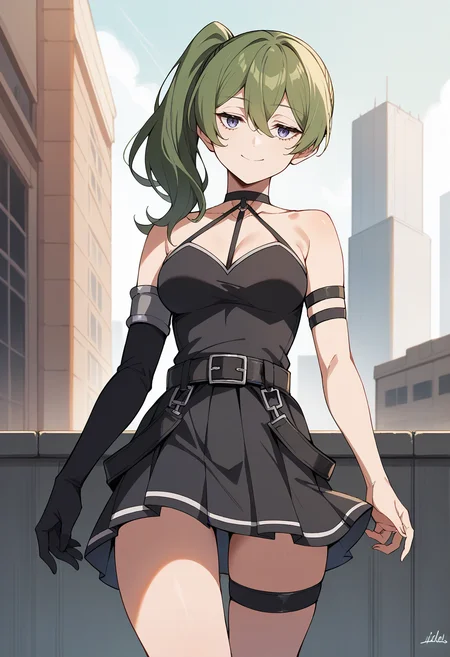 score_9,score_8_up,score_7_up,score_6_up,score_5_up,score_4_up, source_anime,
1girl, ubel \(sousou no frieren\), hair between eyes, side ponytail, medium breasts, black dress, halterneck, thigh strap, belt, elbow gloves, single glove, armband, light smile, closed mouth,
cowboy shot, outdoors, city, solo, looking at viewer,
<lora:ubelponyxl:1>