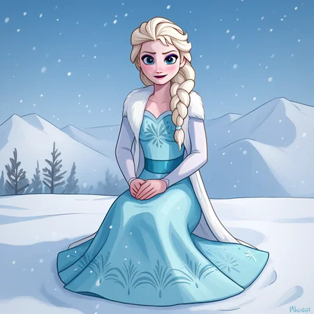 score_9_up, BREAK, Elsa,1girl, solo, blonde hair, braid, single braid, blue eyes, makeup, hair over shoulder, white dress, long sleeves, full body, <lora:Elsa_Frozen_PXL_Leaf1:1>, looking at viewer, snow, outdoors, sitting,