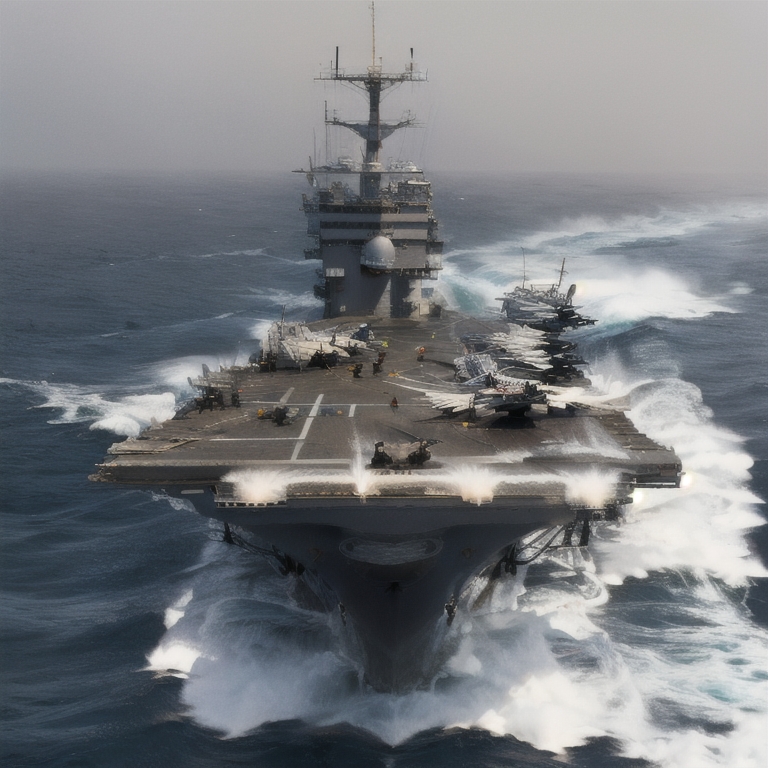 <lora:EdobWarShips_v1.0:0.8>, photo of aircraft carrier, daylight, WarShip, aircraft carrier, aircraft carrier WarShip, (realistic:1.5), BREAK <lora:Waves_v3:0.7>, rough seas, ocean