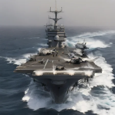 <lora:EdobWarShips_v1.0:0.8>, photo of aircraft carrier, daylight, WarShip, aircraft carrier, aircraft carrier WarShip, (realistic:1.5), BREAK <lora:Waves_v3:0.7>, rough seas, ocean