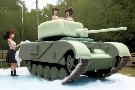 <lora:Churchill_Tank:0.4> cartoon, cute, 4girls, group of women washing a tank, soap, sponge, (lots of foam:1.4), water, washing, churchill tank, side view, highly detailed, best-ideas,