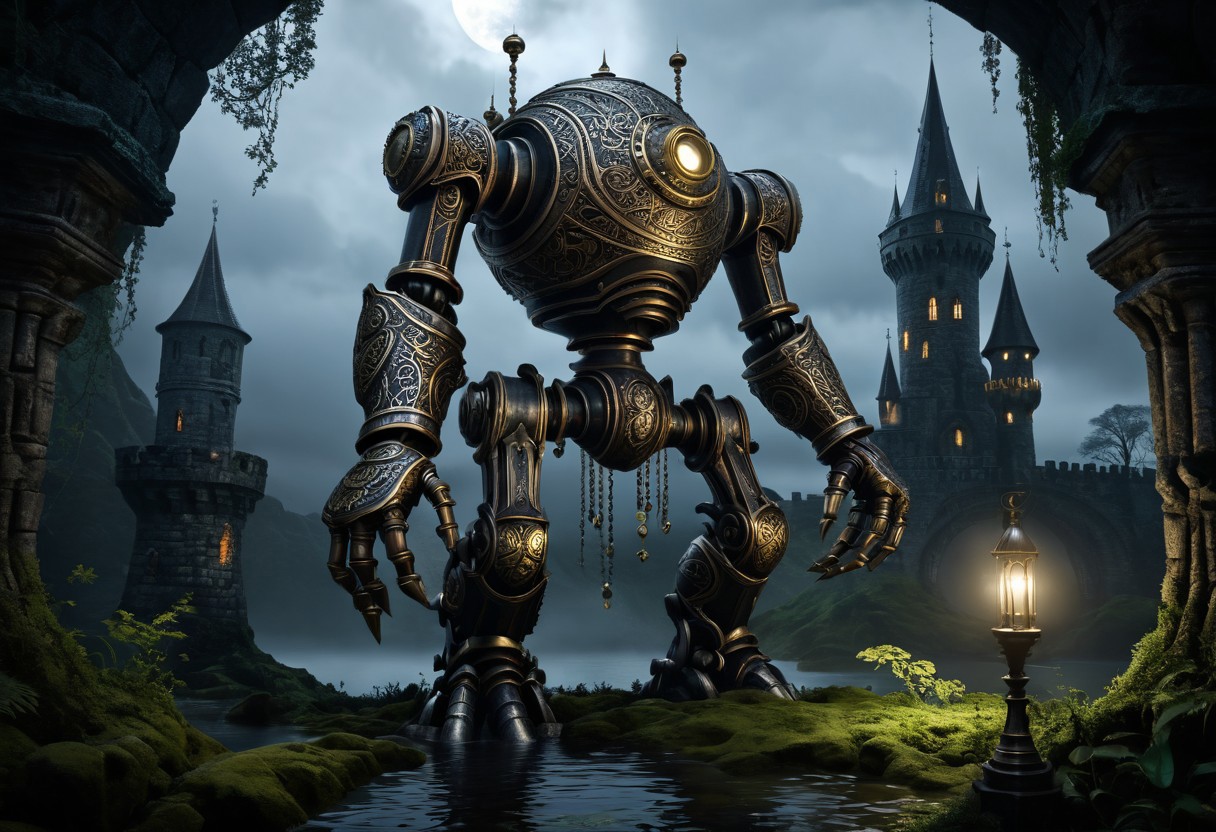 giant bipedal robot silver and dark orange and bronze gold paisley robot. lacy robot gun head. outside of a steampunk keep. large detailed torso. dark image. one forty foot tall ancient robot with great arms and two heavy spring legs. dark foggy night background. $dark foggy night image only. dark photo realistic image. steampunk details. cogs, chains and pipes incorporated in the fantasy buildings. magic wizards tower in background. Dark swamp, moss, castle ruins, wizards tower. stormy dark night. small flying saucers