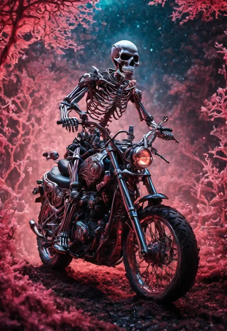 fantasy landscape with an enchanted forest, action shot of a skeleton riding a motorcycle