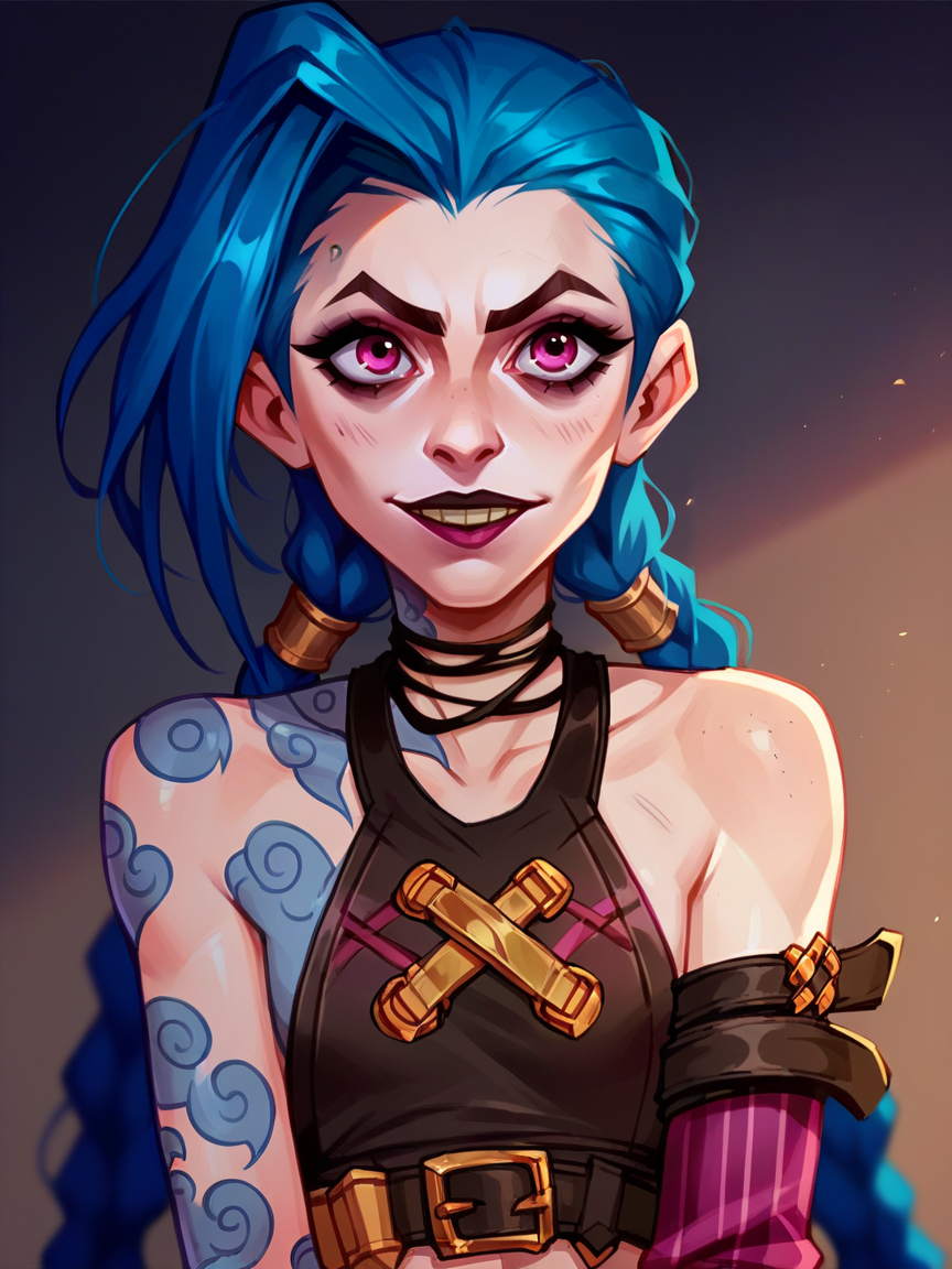 score_9, score_8_up, score_7_up, score_6_up,   <lora:4rc4n3XLP:1> 4rc4n3, 1girl, solo, jinx \(league of legends\),