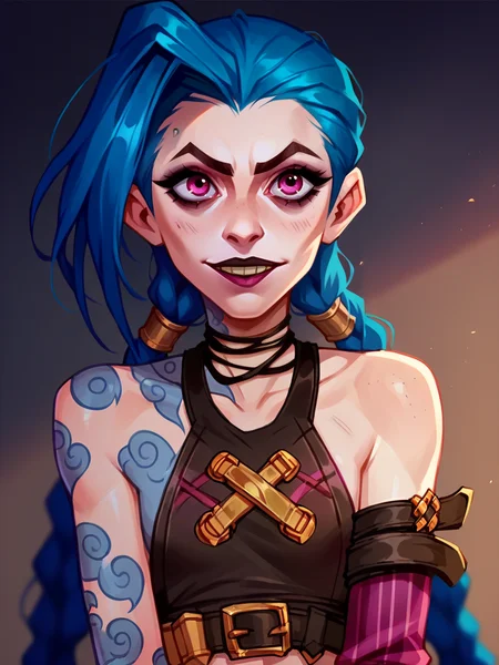 score_9, score_8_up, score_7_up, score_6_up,   <lora:4rc4n3XLP:1> 4rc4n3, 1girl, solo, jinx \(league of legends\),