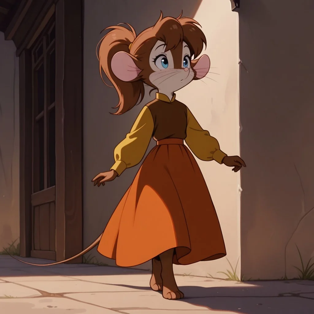 masterpiece, best quality, amazing quality, tanyafgwil, anthro, female, mouse, brown fur, blue eyes, brown hair, ponytail, whiskers, dress, orange skirt, brown shirt, long sleeves, yellow sleeves, barefoot, walking, outside, solo, 1girl