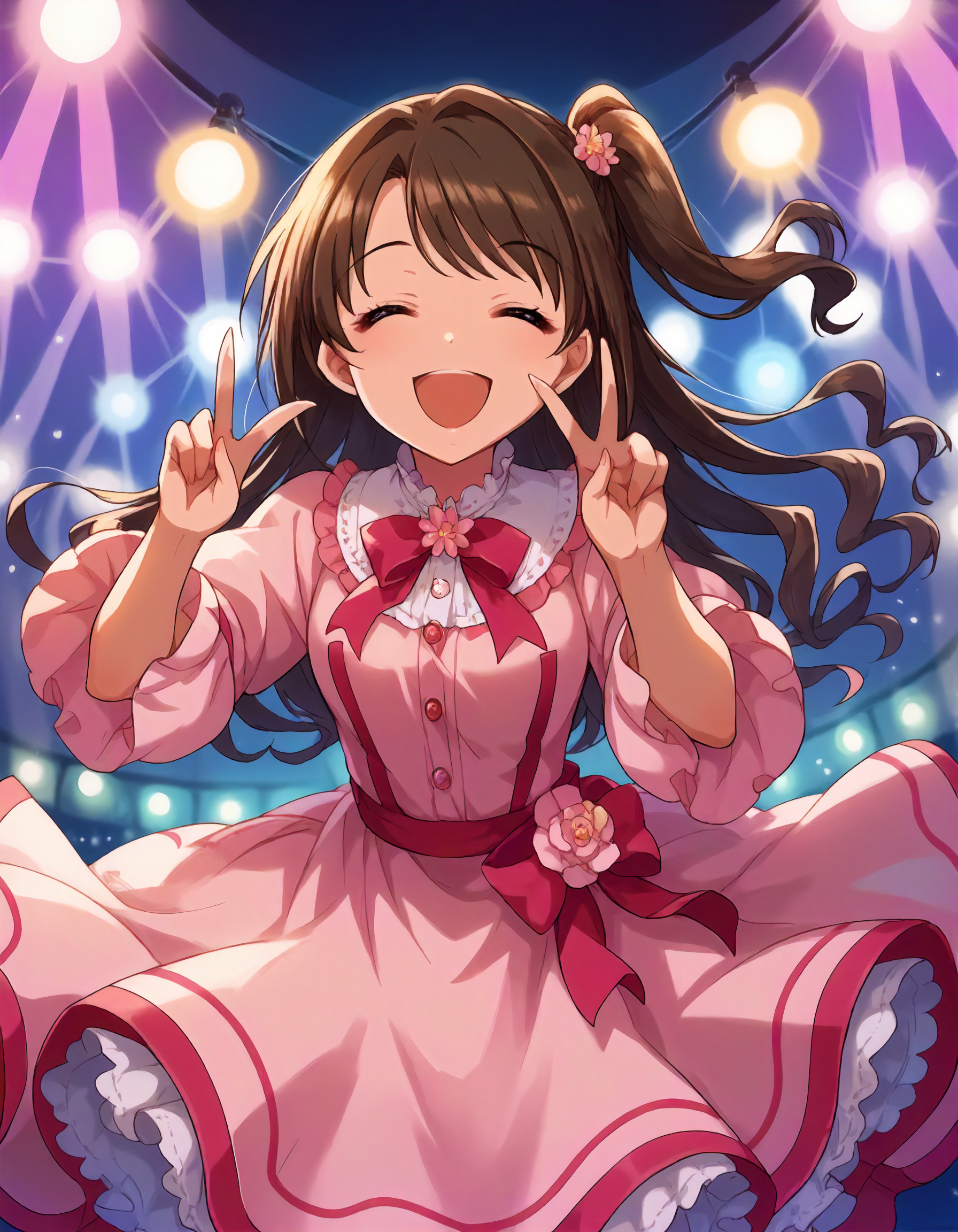 score_9,score_8_up,score_7_up,1girl,solo,cowboy shot,looking at viewer,smile,open mouth,double v,stage lights,
<lora:shimamurauzuki_ponyXLV6:0.8>,cgsuz,
brown hair,long hair,one side up,closed eyes,
pink dress