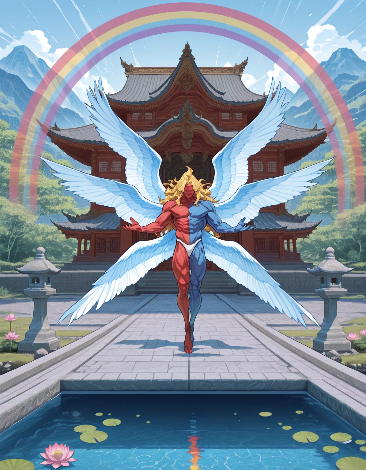 sf_gill, seraphic_wing,,rainbow
toned male, solo, tall,
straight-on, wide shot, 
closed eyes,
shrugging,
<lora:[Char - IL] Street Fighter - Gil (R1E14):1> 
(afternoon, east asian architecture, castle courtyard, pond, lotus, chinese fantasy style, stone bridge, stone lantern, mountains :0.9),
masterpiece, best quality, newest, absurdres, highres, safe,