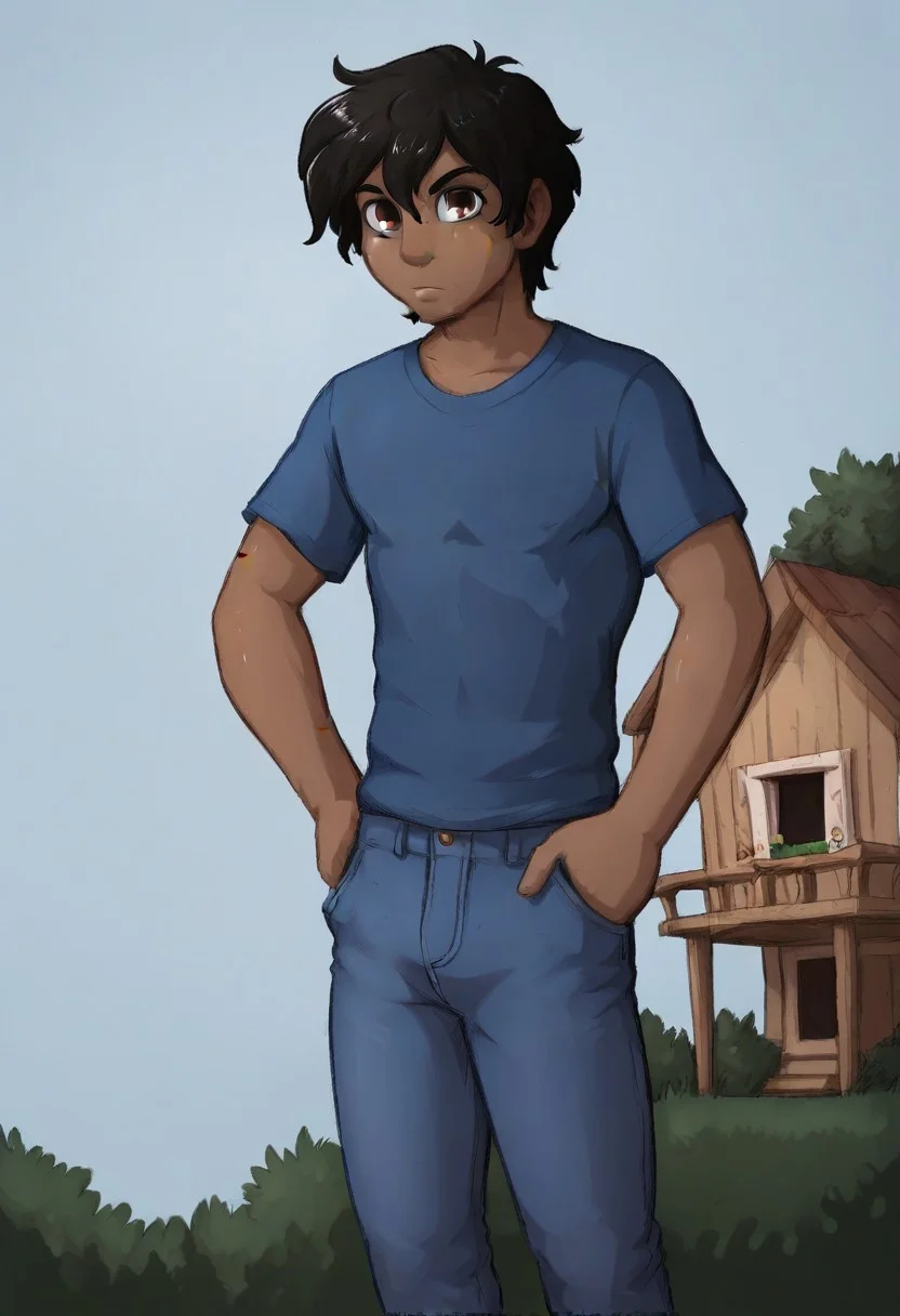 score_9, score_8_up, score_7_up, score_6_up, score_5_up, score_4_up,jay_naylor_style,cartoon style,BREAK, pablopxljay, solo, 1boy, short hair, dark hair, brown eyes, dark skin, BREAK, blue shirt, blue jeans, hands on hips, looking at the viewer, wooden house background,