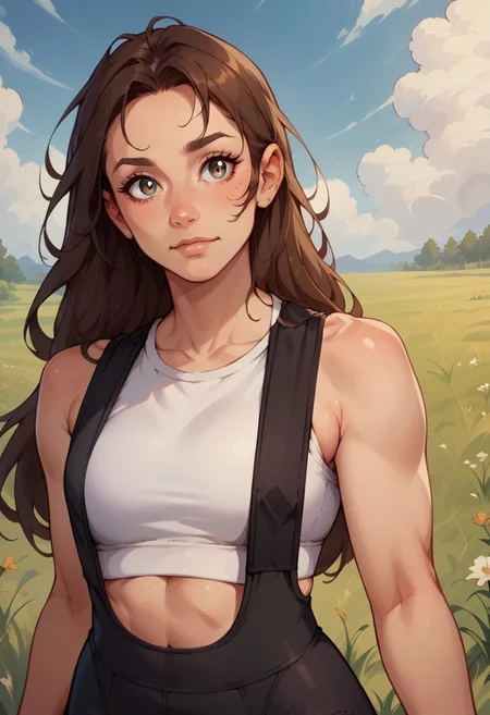 score_9, score_8_up, score_7_up, score_6_up, 1girl, cute, brown hair, long hair, black cycling bib, white sports bra, in grassy field, blue sky, portrait, Style-DoF