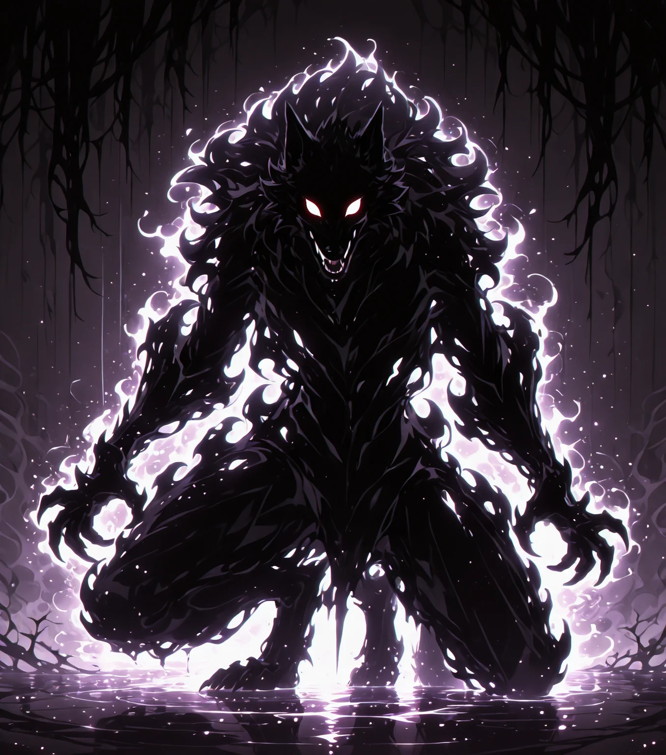 <lora:Shadows_v3_Buns:0.75> sh4d0wv3, black silhouette, solo, werewolf, masterpiece, best quality, amazing quality