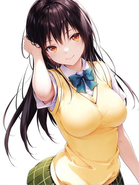 masterpiece,best quality,newest,
1girl,solo,
<lora:kotegawa_yui_ilxl_v1.3:1>,yui,black hair,long hair,orange eyes,y_clothes,short sleeve blouse,sweater vest,green plaid skirt,<lora:Fixhands_anime_bdsqlsz_V1:1>,dynamic_angle,cinematic_angle,seductive_smile,white background,simple_background,hand_in_hair,upper_body,
